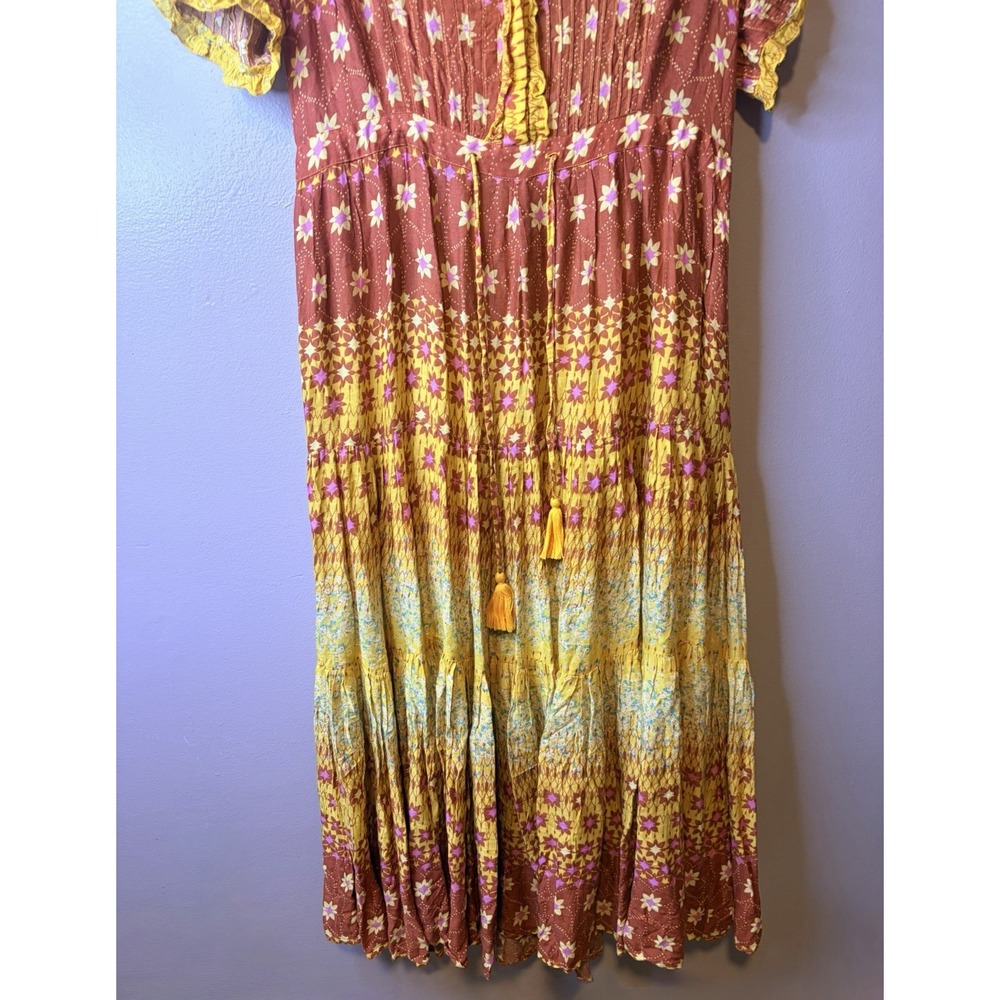 Free People Rare Feelings Midi Dress Warm Floral Tiered Boho Tassel Women Size M - Picture 4 of 8